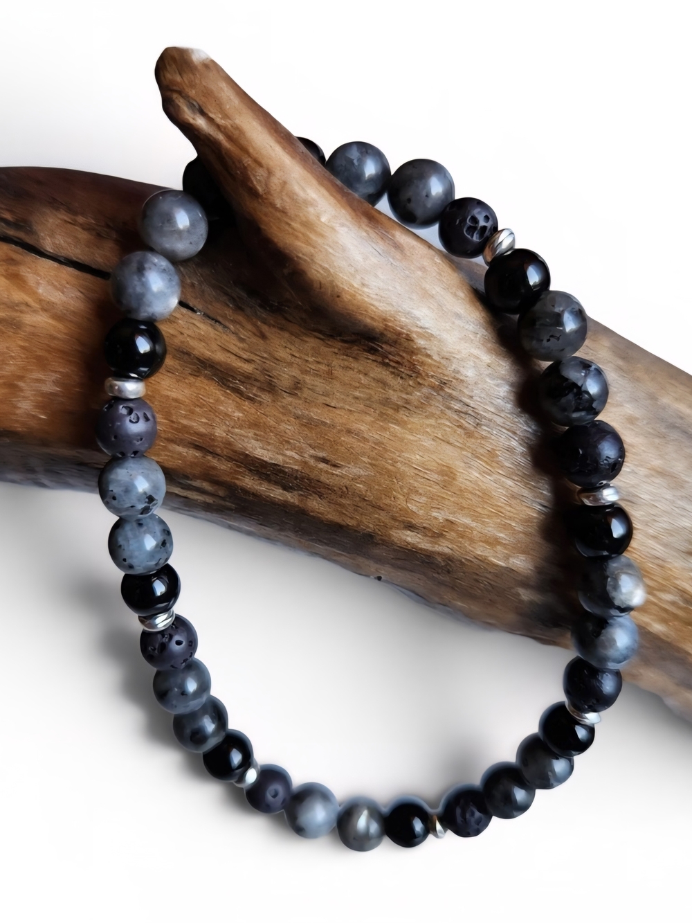 Natural Stone Black And Gray Beaded Stretch Bracelet